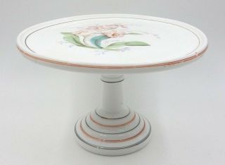 Vintage Milk Glass Floral And Stripe Design Cake Plate Pedestal Stand