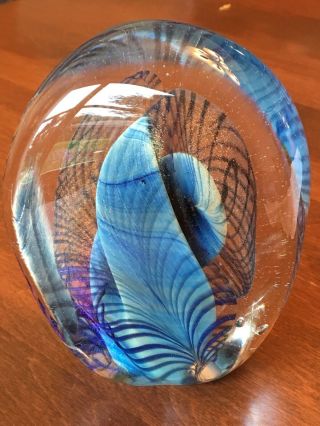1987 Robert Eickholt Signed Vintage Art Glass Blue Feather - Pulled Paperweight