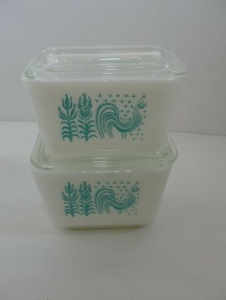 2 Vintage Pyrex 501 Turquoise 1.  5 Cup Amish Butterprint Refrigerator Dish W Lid