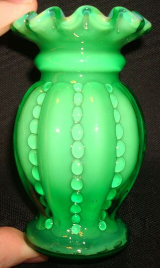 Vintage Fenton Glass Green Overlay Cased Beaded Melon Miniature 4” Bud Vase