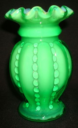 Vintage Fenton Glass Green Overlay Cased Beaded Melon Miniature 4” Bud Vase 2
