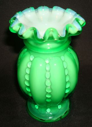 Vintage Fenton Glass Green Overlay Cased Beaded Melon Miniature 4” Bud Vase 3