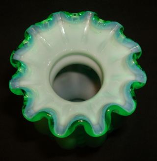 Vintage Fenton Glass Green Overlay Cased Beaded Melon Miniature 4” Bud Vase 4
