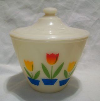 Vintage Fire King Oven Ware Ivory Glass Tulip Grease Jar Bowl W/ Lid