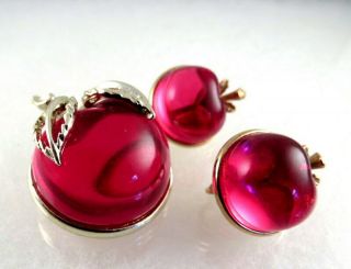 Vintage Sarah Coventry Brooch Earrings Set Lucite Apple Set Jelly Belly Style