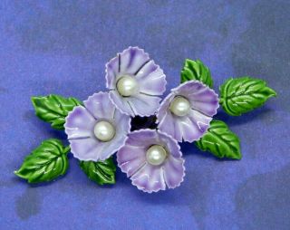 Vintage Brooch Purple Green Enamel Flowers Faux Pearl Centers