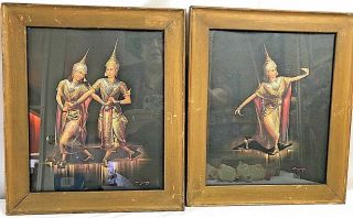 Wood Framed Vintage Lithograph Prints Thai Dancers W/glass