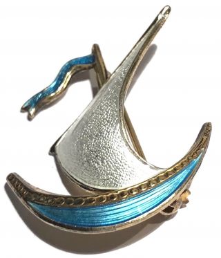 Ivar T Holth Norway Sterling Silver Guilloche Enamel Vintage Sailboat Brooch Pin