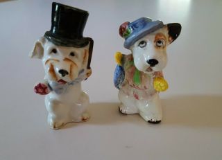 Vintage Ceramic Colorful Dogs With Hats Salt And Pepper Shakers Japan