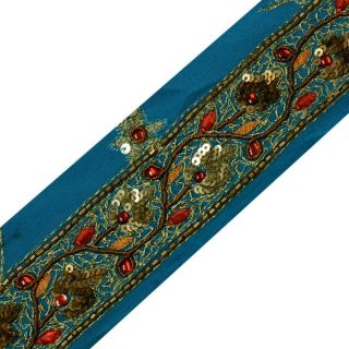 Vintage Saree Border Indian Craft Trim Hand Beaded Embroidered Ribbon Lace Blue