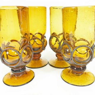 4 Vintage Amber Blown Glasses Goblets Brutalist Style Iron Rings Caged Bubbles
