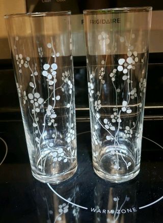 Set 4 Vintage Rare Tom Collins Glasses Etched Floral Cherry Blossom Branch Frost