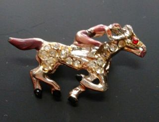 Vintage Brooch Pins Horse Jockey Ruby Red Eye And Clear Glass Rhinestones