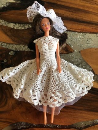 Crochet Collector Barbie Doll Dress & Hat Vintage Hand Made Lace Mattel 1966