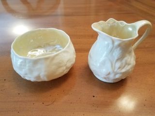 Vintage Belleek Irish Porcelain Lotus Sugar Bowl & Cream Pitcher