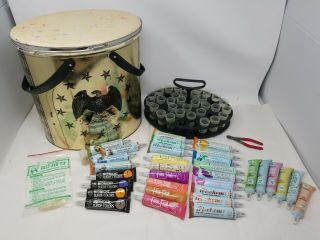 Vintage Tri Chem Liquid Embroidery Paint & Supplies & Oval Tin 32 Tubes Of Paint