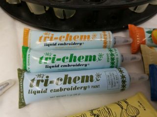 Vintage Tri Chem Liquid Embroidery Paint & Supplies & Oval Tin 32 tubes of paint 7