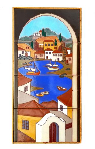 Vintage Framed Tile Art,  Seascape,  Village,  Boats,  Coastal,  Nautical By " Cikh "