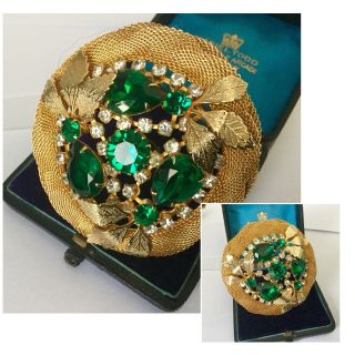 Vintage Art Deco Jewellery Gold Mesh Emerald & Clear Marquise Set Brooch Pin