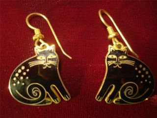 Vintage Laurel Burch " Keshire Cat " Drop Dangle Earrings Black Gold Enamel,  Plated