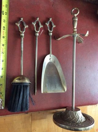 Fireplace Tools 4 Piece Small Metal Brass Or Bronze Tone Vintage 3 Pc Set