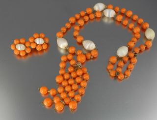 Vintage 50’s Orange Plastic Lucite Bead Pendant Necklace & Earring Set Japan
