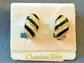Vintage Christian Dior Black & Rhinestone Clip On Earrings On Card