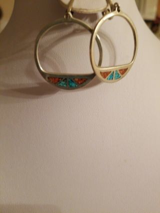 Vintage Sterling Silver Chip Inlay Turquoise And Coral Hoop Earrings Clip On