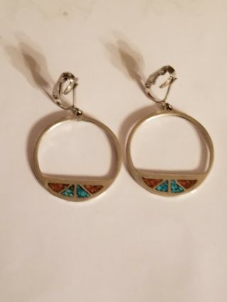 Vintage Sterling Silver Chip Inlay Turquoise and Coral Hoop Earrings Clip On 2