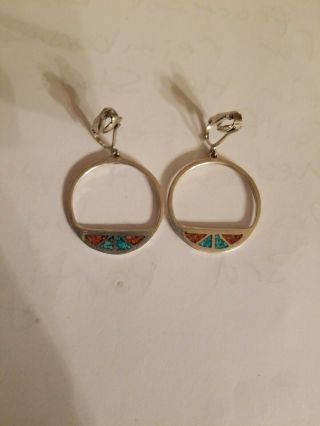 Vintage Sterling Silver Chip Inlay Turquoise and Coral Hoop Earrings Clip On 3