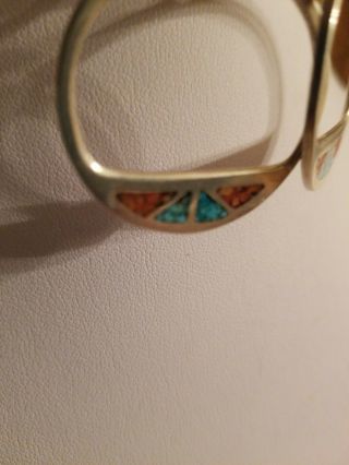 Vintage Sterling Silver Chip Inlay Turquoise and Coral Hoop Earrings Clip On 4