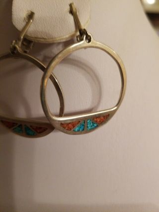 Vintage Sterling Silver Chip Inlay Turquoise and Coral Hoop Earrings Clip On 5