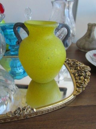 Vintage Murano Venetian Italian Art Glass Scavo Vase 4 1/2 " Yellow Grey Handled