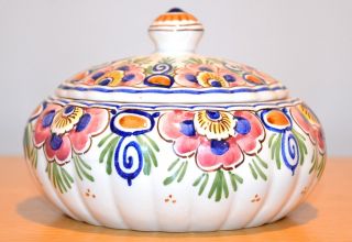 Vintage Delft Hand Painted Polychrome Colorful Floral Ceramic Dish With Lid
