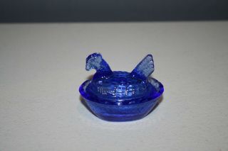 Vintage Cobalt Blue Glass Miniature Chicken Hen On Nest Salt