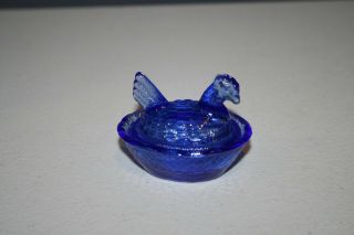 Vintage COBALT Blue Glass Miniature Chicken Hen on Nest Salt 2