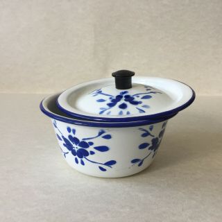 Vintage 1950 ' s Peacock Enamel White Blue Floral Small Pot With Lid Made In China 2