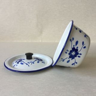 Vintage 1950 ' s Peacock Enamel White Blue Floral Small Pot With Lid Made In China 4