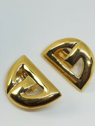 Vintage Givenchy Shiny Gold Tone Modernist Clip On Earrings