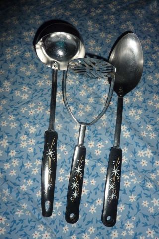 Vintage 3 Pc.  Atomic Starburst Cooking Utensil Potato Masher / Ladle /spoon Ekco
