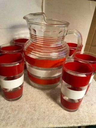 Vintage Glass Red And White Pitcher With 6 Matching Glasses