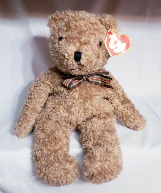 Vintage Ty Beanie Baby Classic 17 " Curly Teddy Bear 1990 Plaid Bow Style 5300