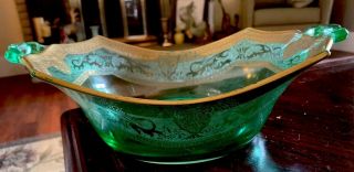 Vintage Green Depression Etched Uranium Glass 2 Handle Serving Bowl Gold Trim