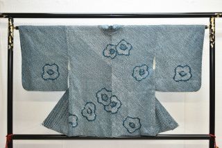 Vintage Silk Kimono Jacket:fully Shibori Marine Blue Plum Blossom@yl12