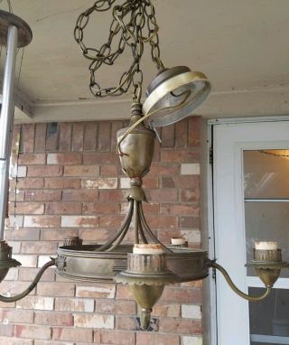 Vintage Art Deco Brass 5 Arm Ornate Ceiling Light Fixture Chandelier