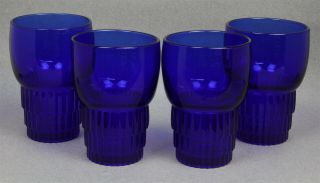 Set Of 4 Vintage Cobalt Blue 4 Oz Juice Glasses Art Deco Vertical Ribbed Bases