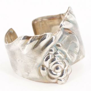 Vtg Sterling Silver - Mexico Taxco Flower Floral Solid 6.  75 " Cuff Bracelet - 45g