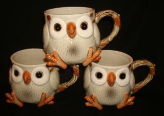 3 Vintage 1978 Fitz & Floyd Ff Japan White Grey Brown Spotted Owl Mugs Cups Set