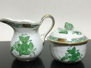 Vtg Herend Hungary Green Chinese Bouquet Floral Porcelain Cream & Sugar Set