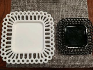 Vintage White/ Black Milk Glass Plates Open Lace Reticulated Edge Square Peg